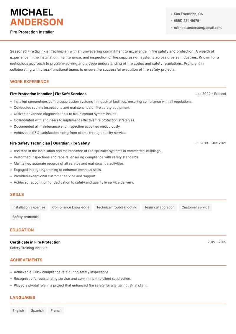 Fire Sprinkler Technician resume template — Modern Professional