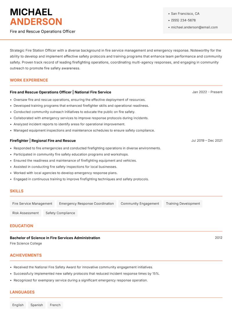 Fire Station Officer resume template — Modern Professional