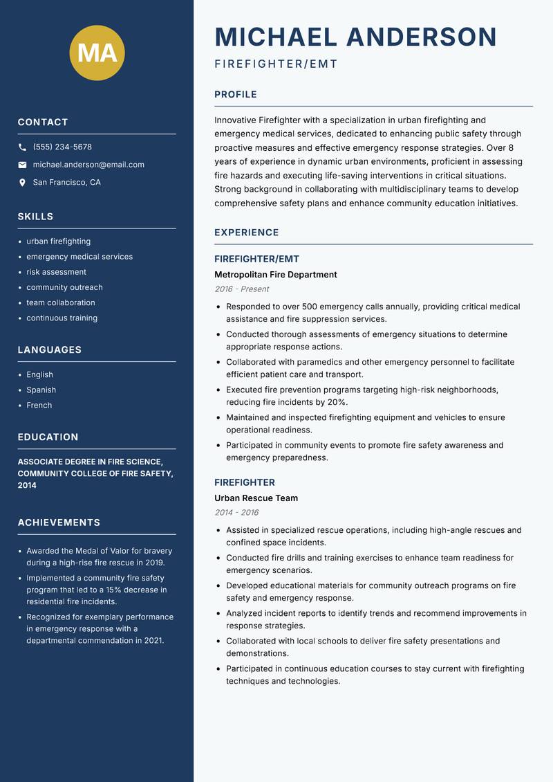 Firefighter resume template — Classic Clean