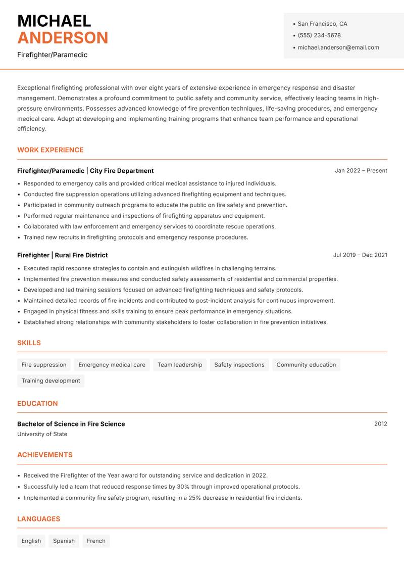 Firefighter resume template — Modern Professional