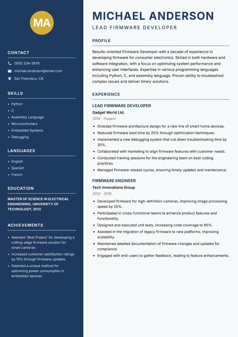 Firmware Developer resume template — Classic Clean