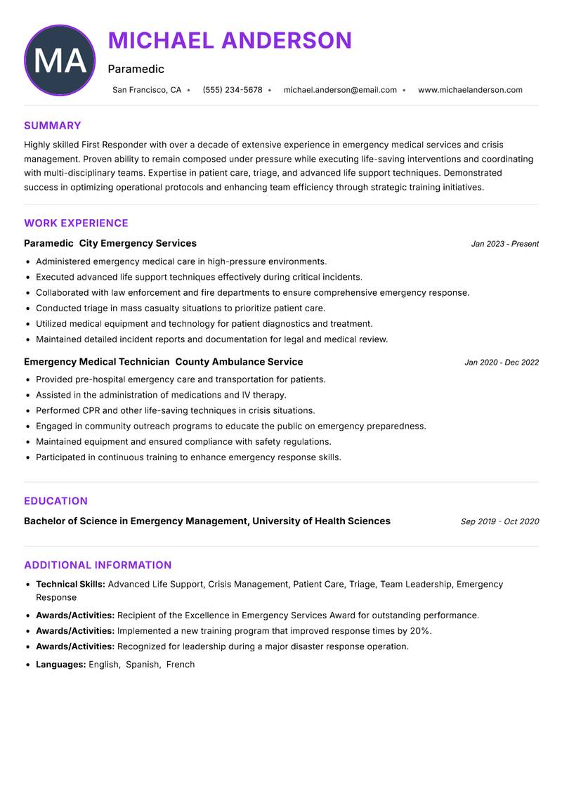 First Responder resume example — ATS-friendly template