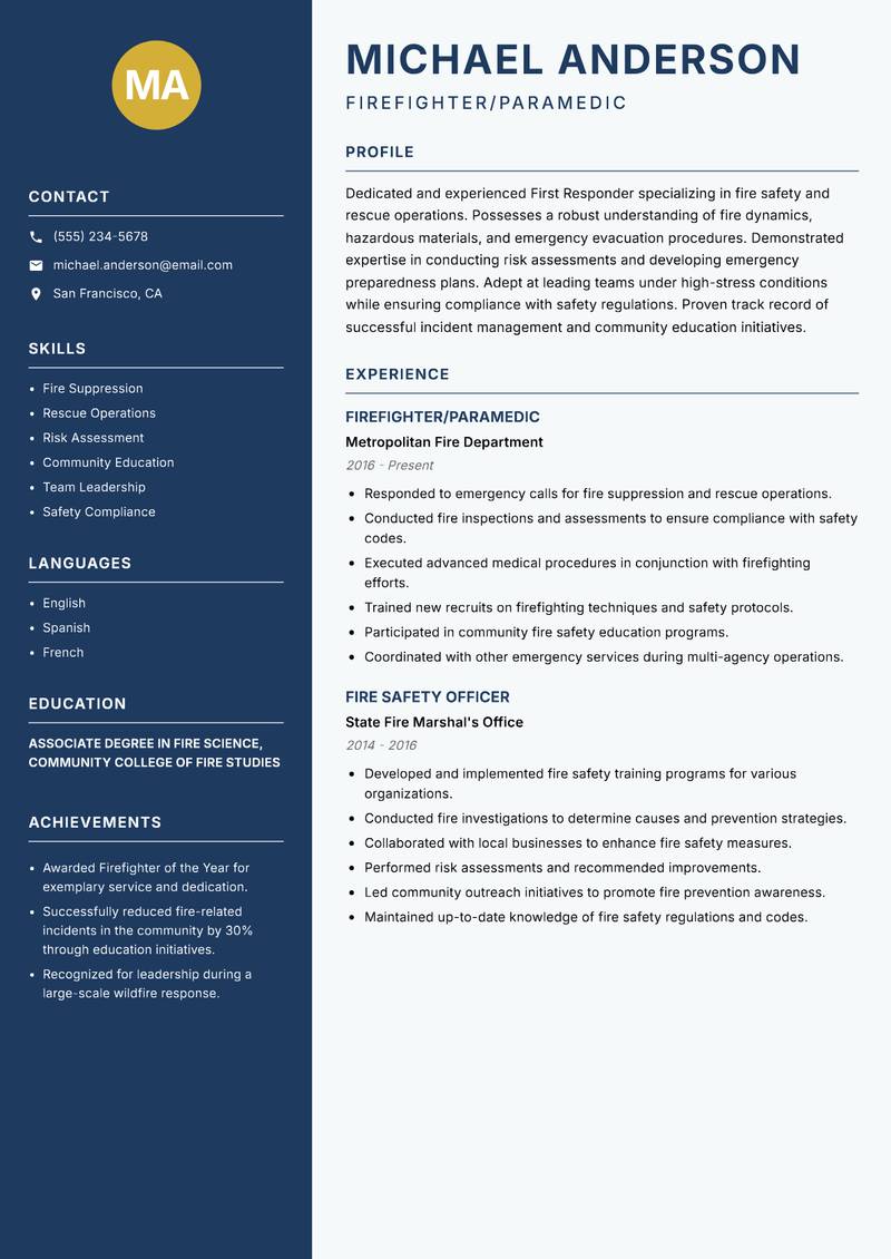 First Responder resume template — Classic Clean