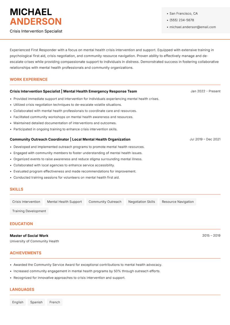 First Responder resume template — Modern Professional