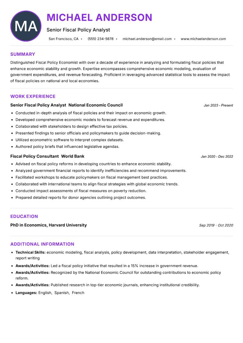 Fiscal Policy Economist resume example — ATS-friendly template