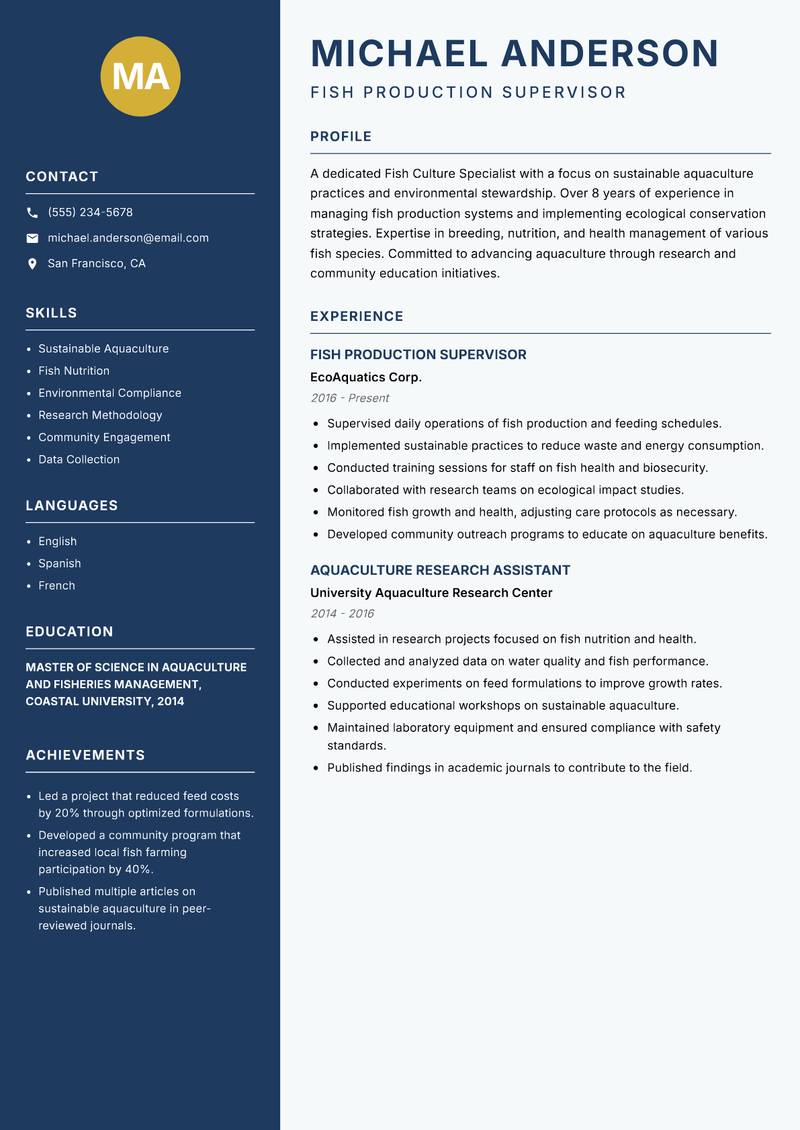 Fish Culture Specialist resume template — Classic Clean