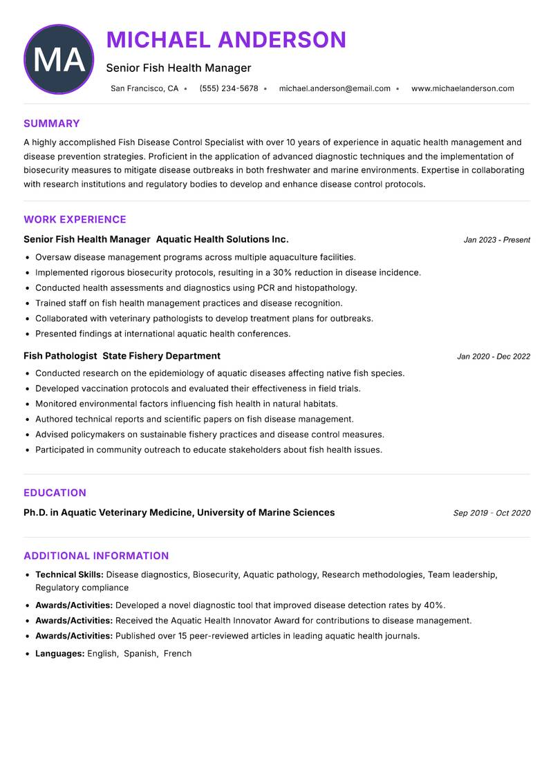 Fish Disease Control Specialist resume example — ATS-friendly template