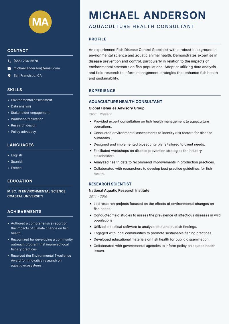 Fish Disease Control Specialist resume template — Classic Clean
