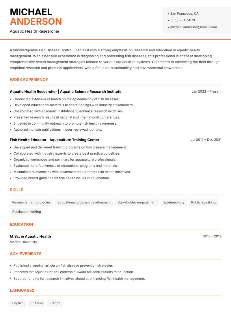 Fish Disease Control Specialist resume template — Modern Professional