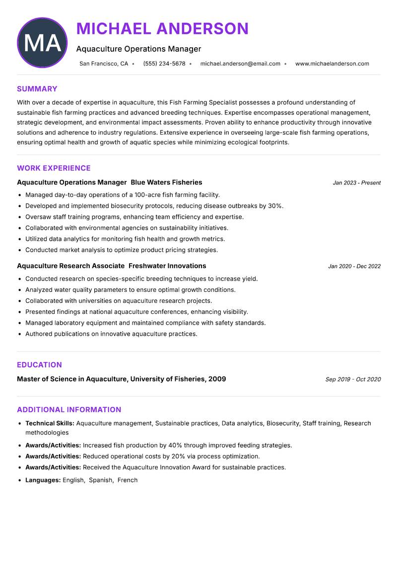 Fish Farming Specialist resume example — ATS-friendly template