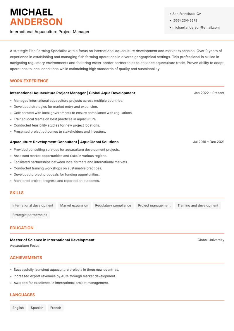 Fish Farming Specialist resume template — Modern Professional