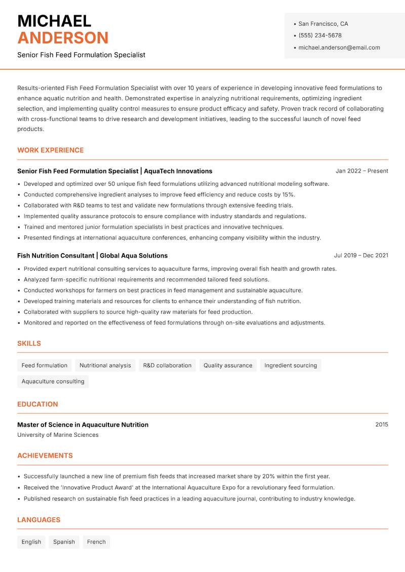 Fish Feed Formulation Specialist resume template — Modern Professional