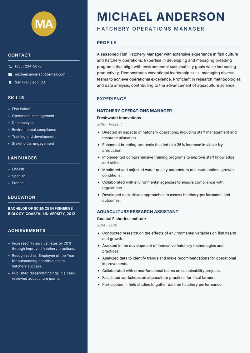 Fish Hatchery Manager resume template — Classic Clean