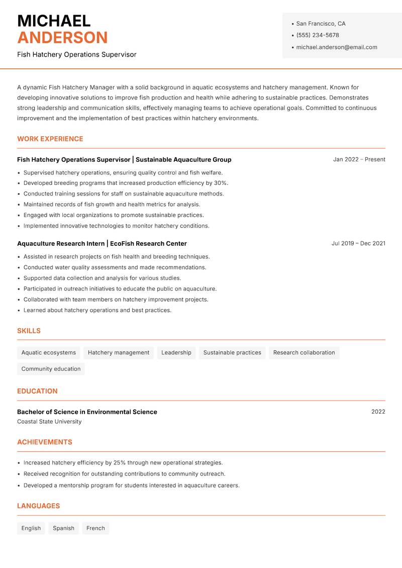 Fish Hatchery Manager resume template — Modern Professional
