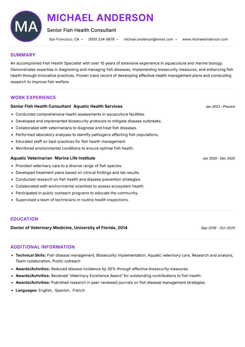 Fish Health Specialist resume example — ATS-friendly template