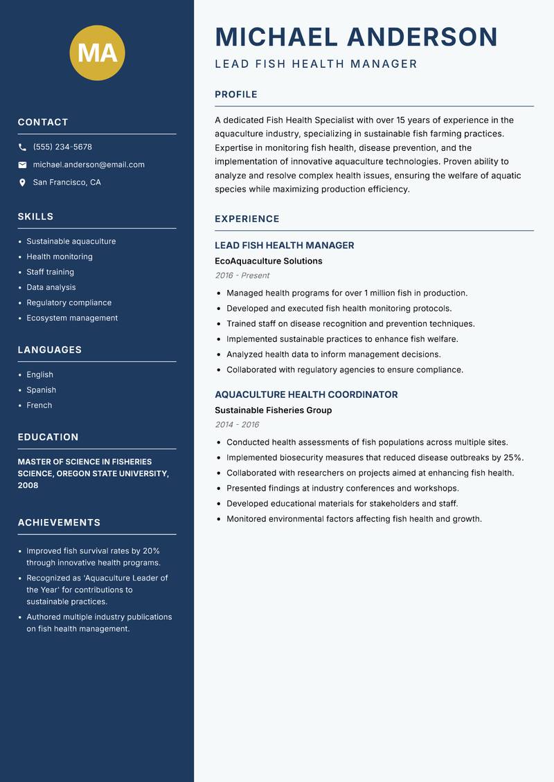 Fish Health Specialist resume template — Classic Clean