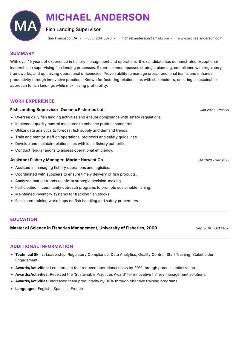 Fish Landing Supervisor resume example — ATS-friendly template