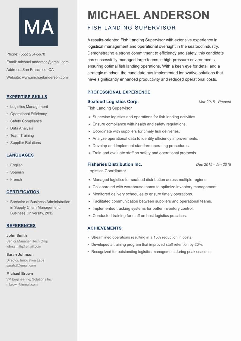 Fish Landing Supervisor resume template — Creative Minimal