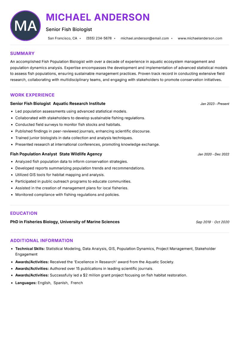 Fish Population Biologist resume example — ATS-friendly template