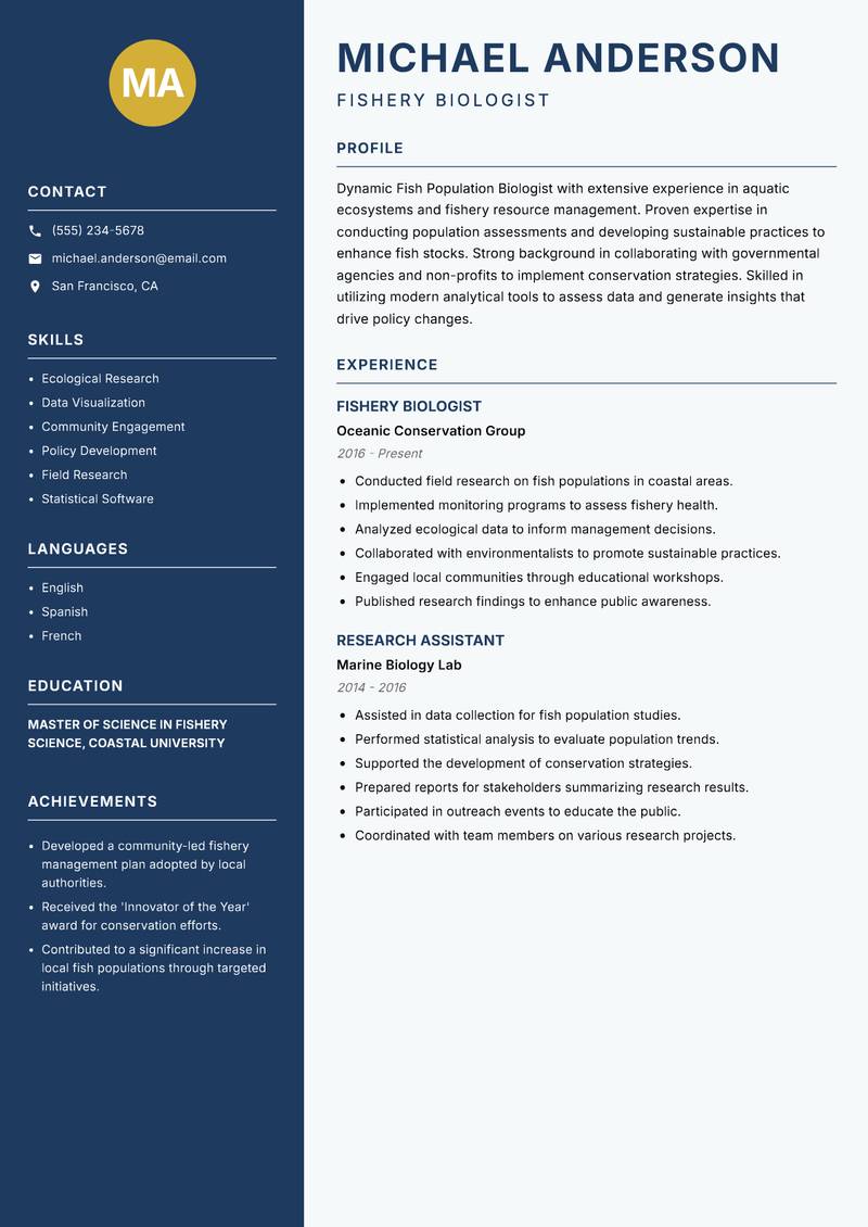 Fish Population Biologist resume template — Classic Clean