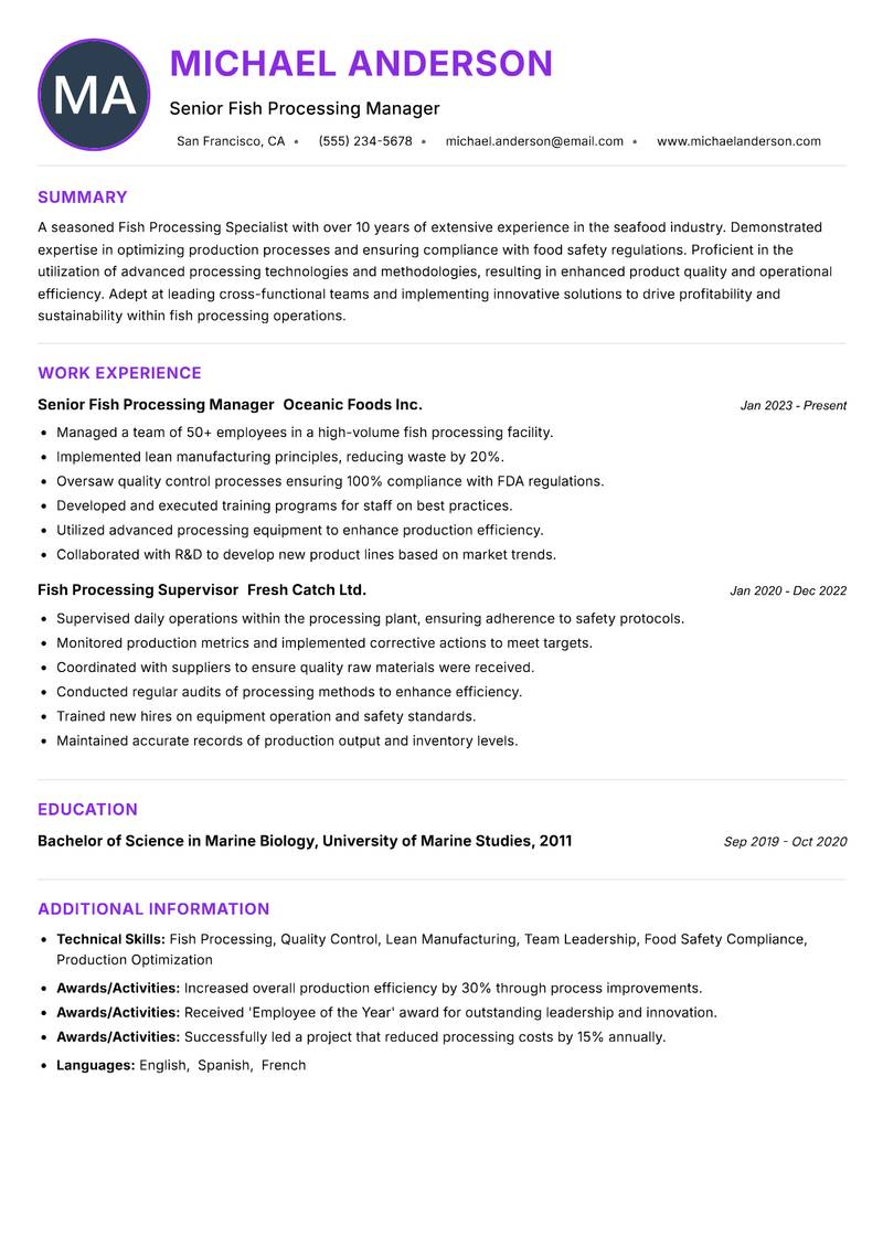 Fish Processing Specialist resume example — ATS-friendly template