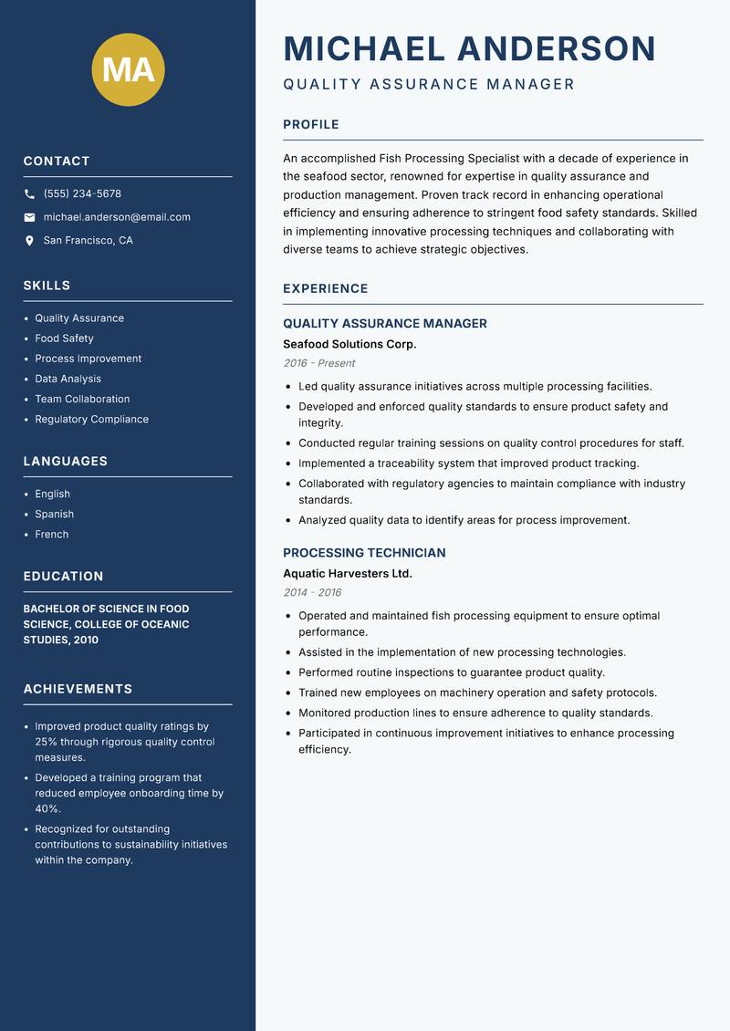 Fish Processing Specialist resume template — Classic Clean