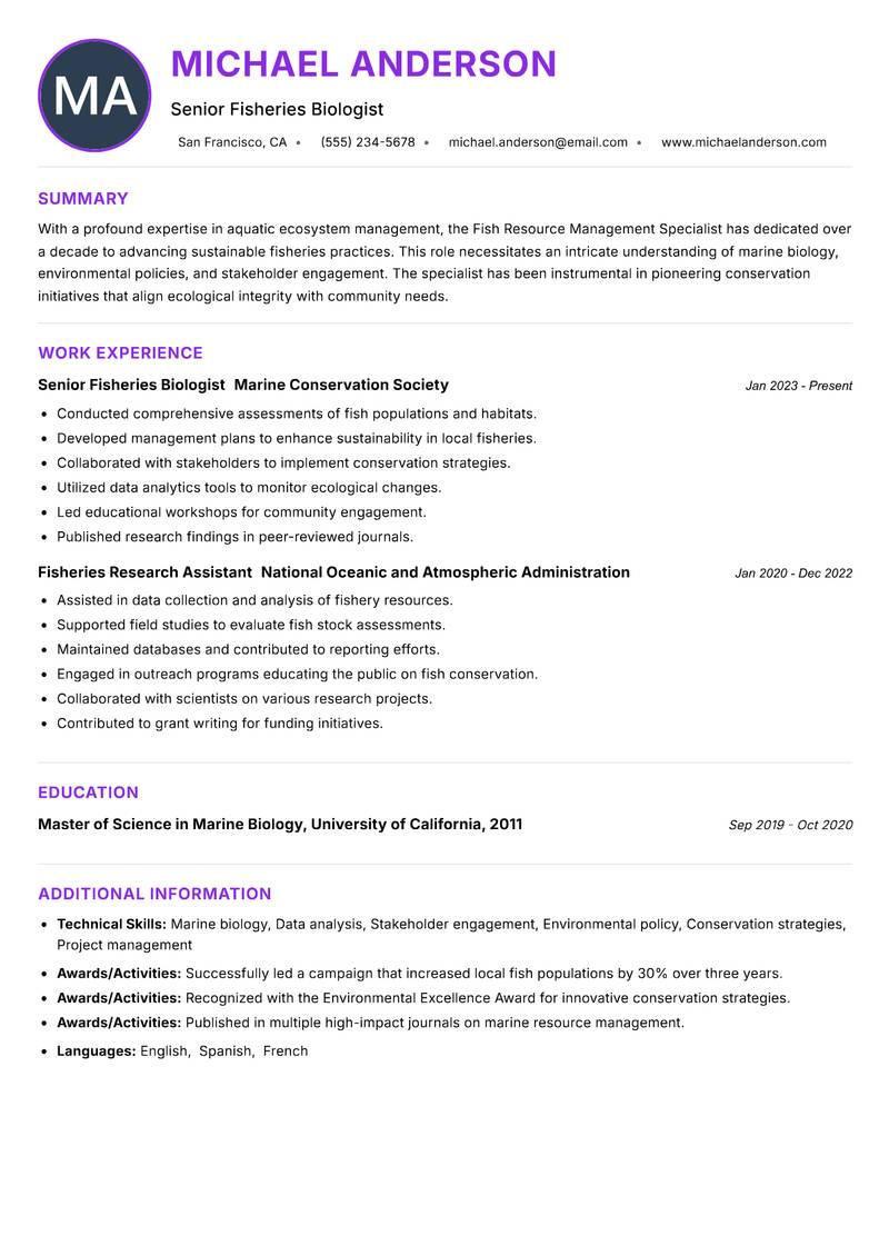 Fish Resource Management Specialist resume example — ATS-friendly template