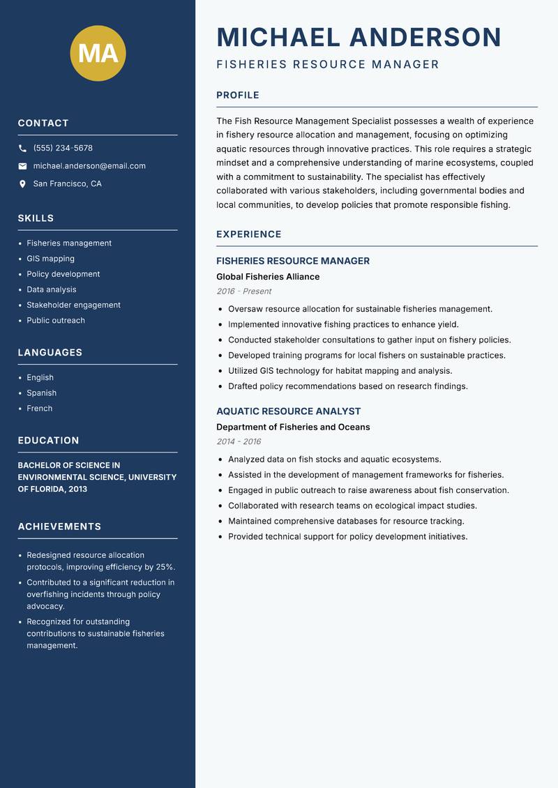 Fish Resource Management Specialist resume template — Classic Clean