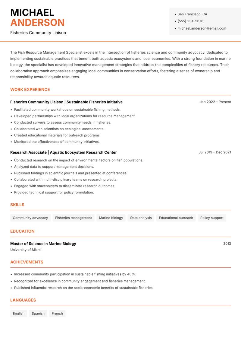 Fish Resource Management Specialist resume template — Modern Professional