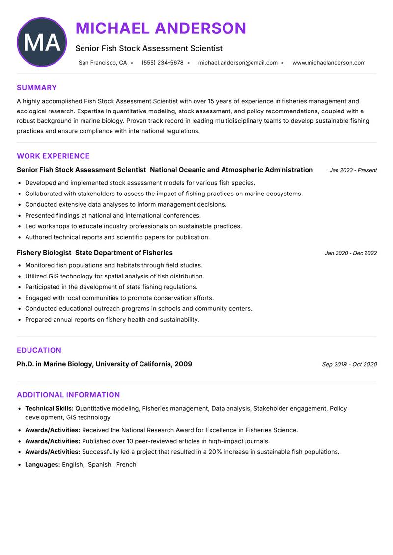 Fish Stock Assessment Scientist resume example — ATS-friendly template