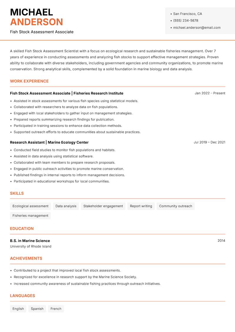 Fish Stock Assessment Scientist resume template — Modern Professional