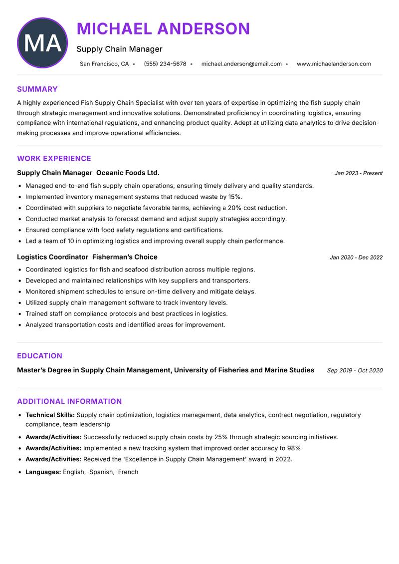 Fish Supply Chain Specialist resume example — ATS-friendly template