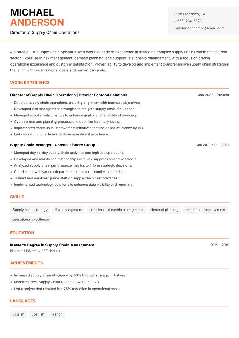 Fish Supply Chain Specialist resume template — Modern Professional