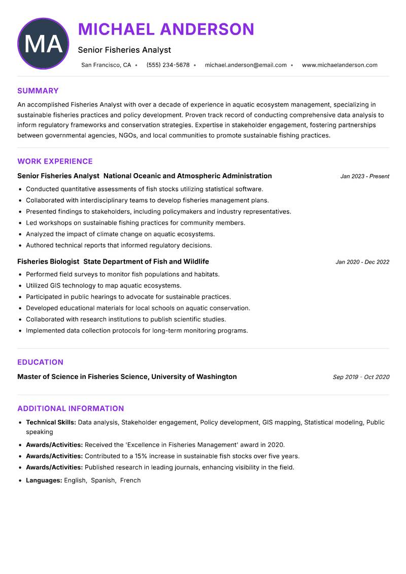 Fisheries Analyst resume example — ATS-friendly template
