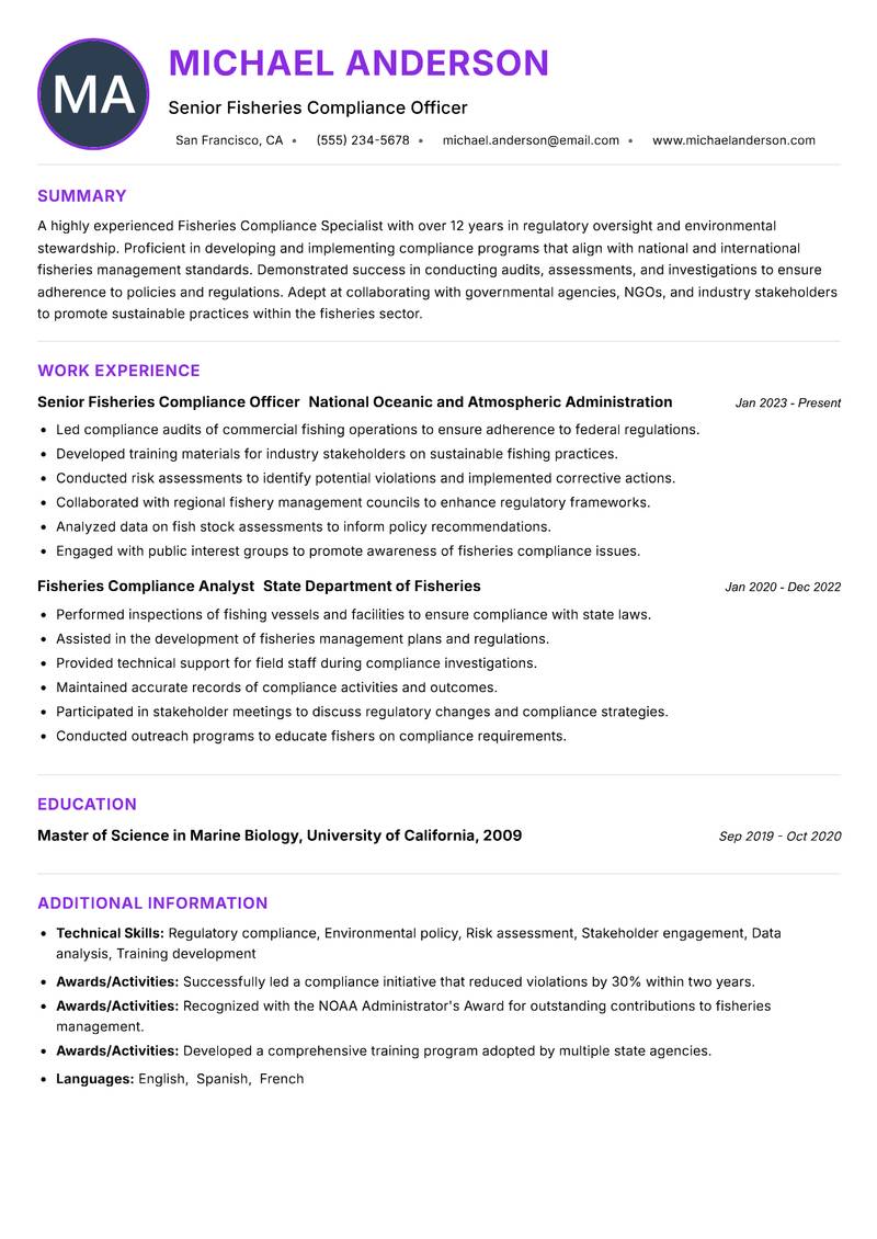 Fisheries Compliance Specialist resume example — ATS-friendly template
