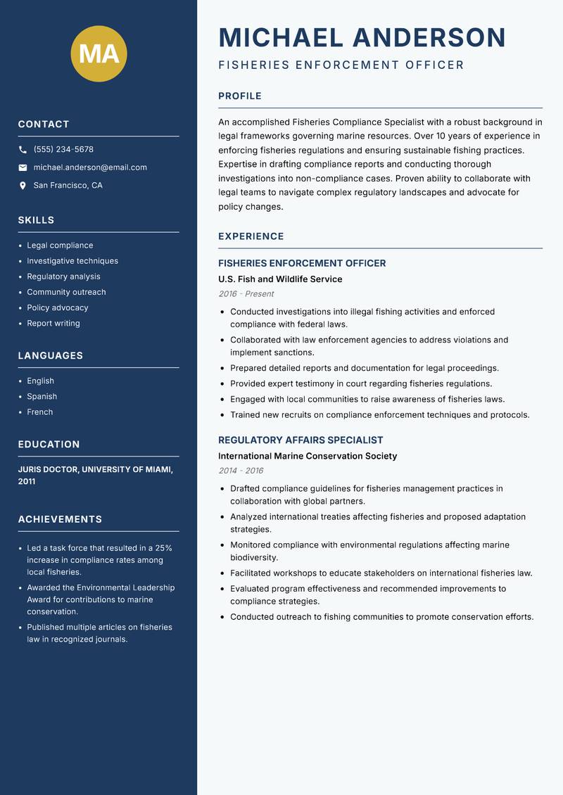 Fisheries Compliance Specialist resume template — Classic Clean