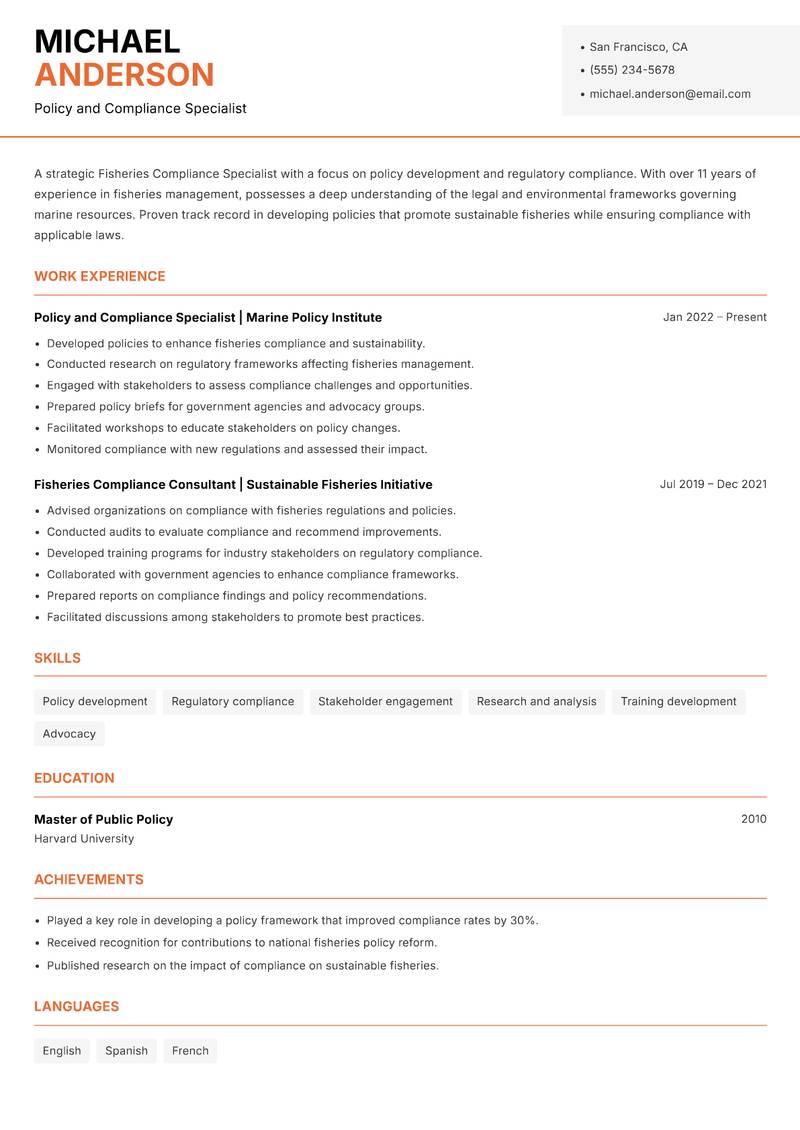 Fisheries Compliance Specialist resume template — Modern Professional