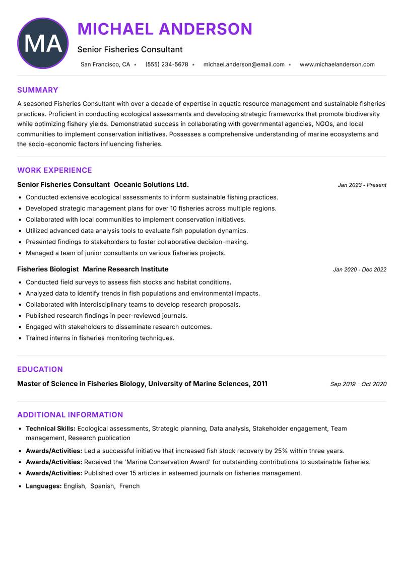 Fisheries Consultant resume example — ATS-friendly template