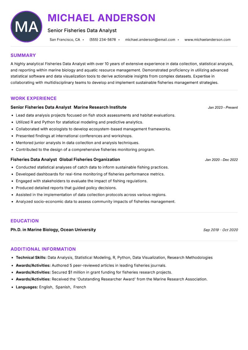 Fisheries Data Analyst resume example — ATS-friendly template