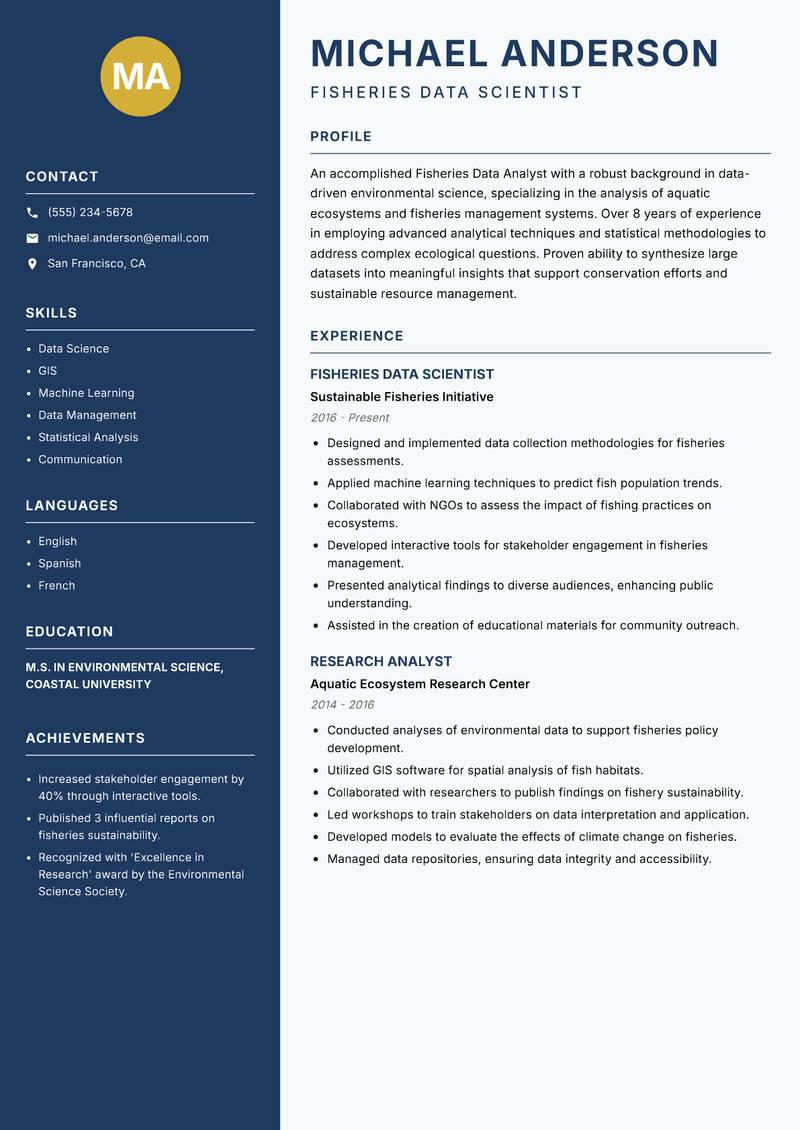 Fisheries Data Analyst resume template — Classic Clean
