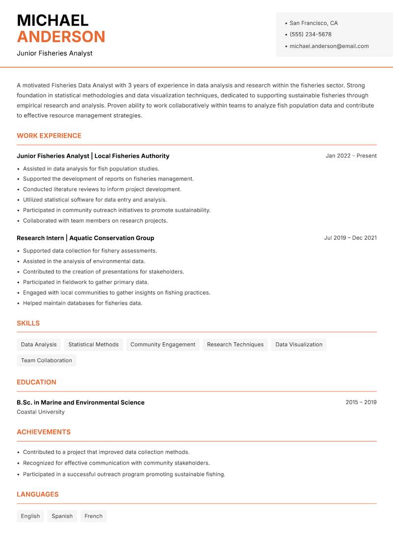 Fisheries Data Analyst resume template — Modern Professional