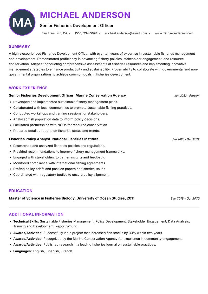Fisheries Development Officer resume example — ATS-friendly template