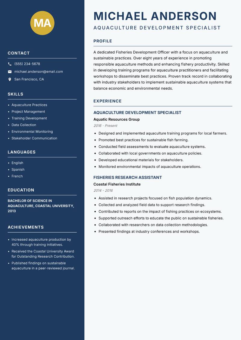 Fisheries Development Officer resume template — Classic Clean