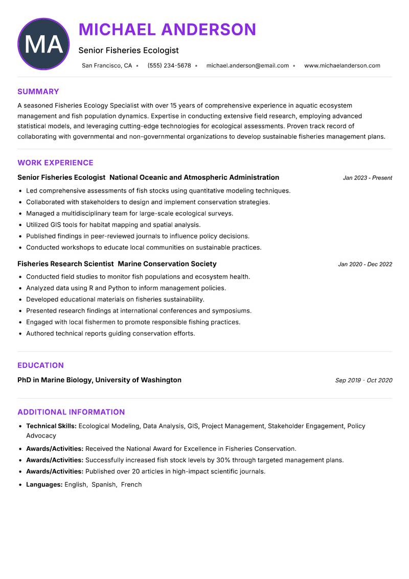Fisheries Ecology Specialist resume example — ATS-friendly template