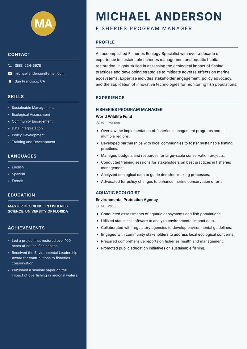 Fisheries Ecology Specialist resume template — Classic Clean