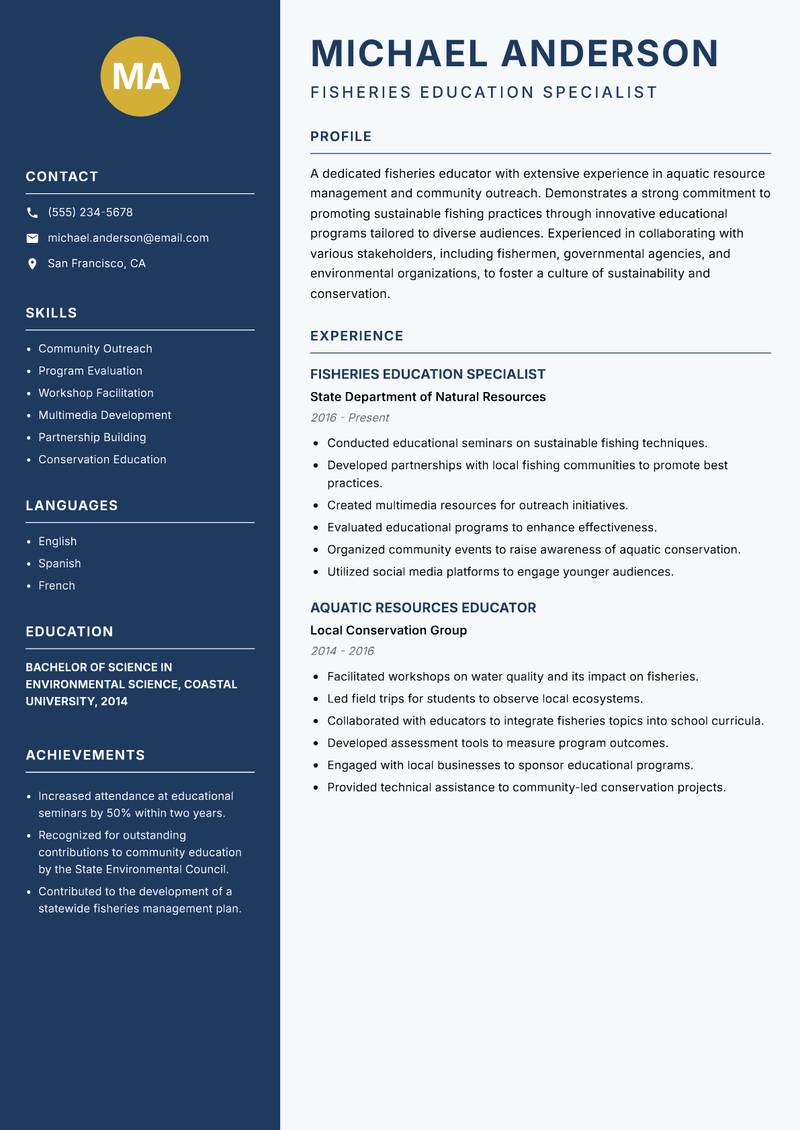 Fisheries Educator resume template — Classic Clean