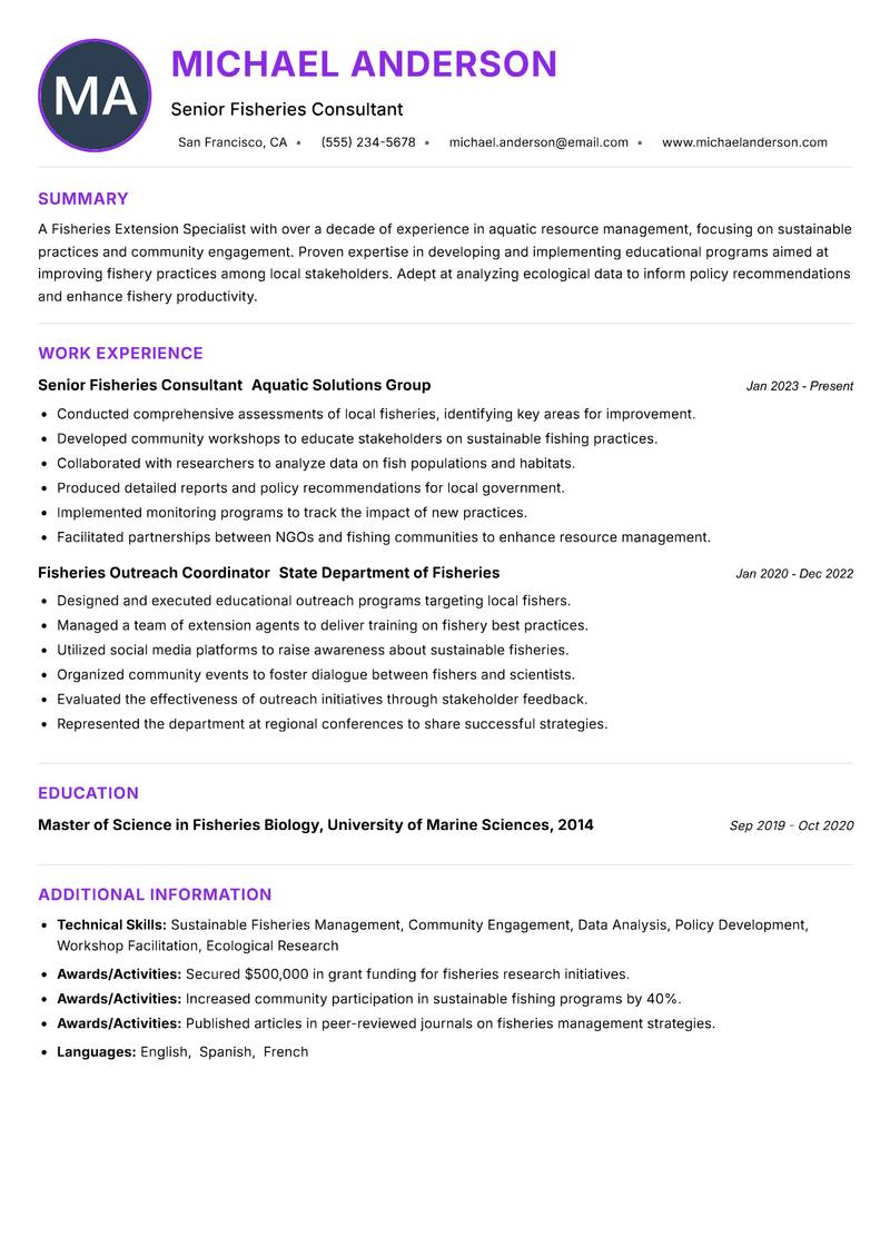 Fisheries Extension Specialist resume example — ATS-friendly template