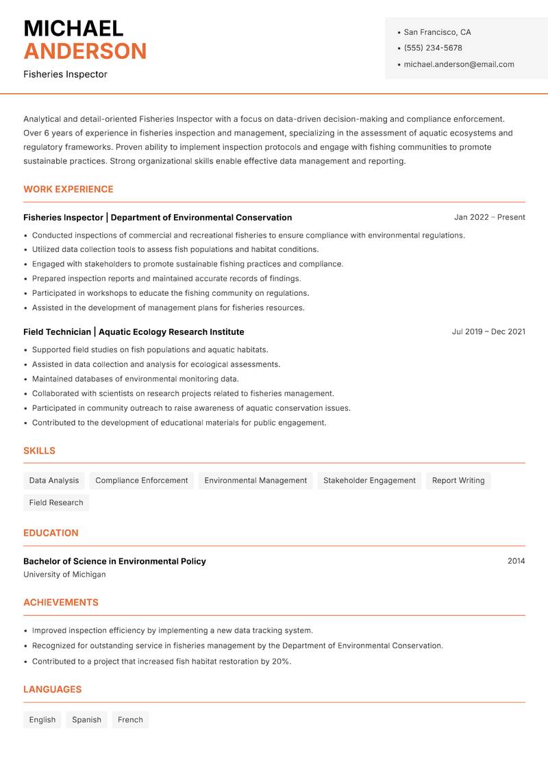 Fisheries Inspector resume template — Modern Professional