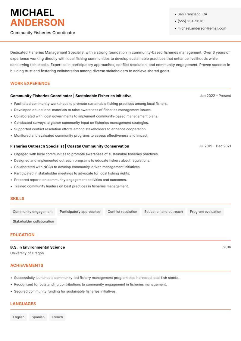 Fisheries Management Specialist resume template — Modern Professional