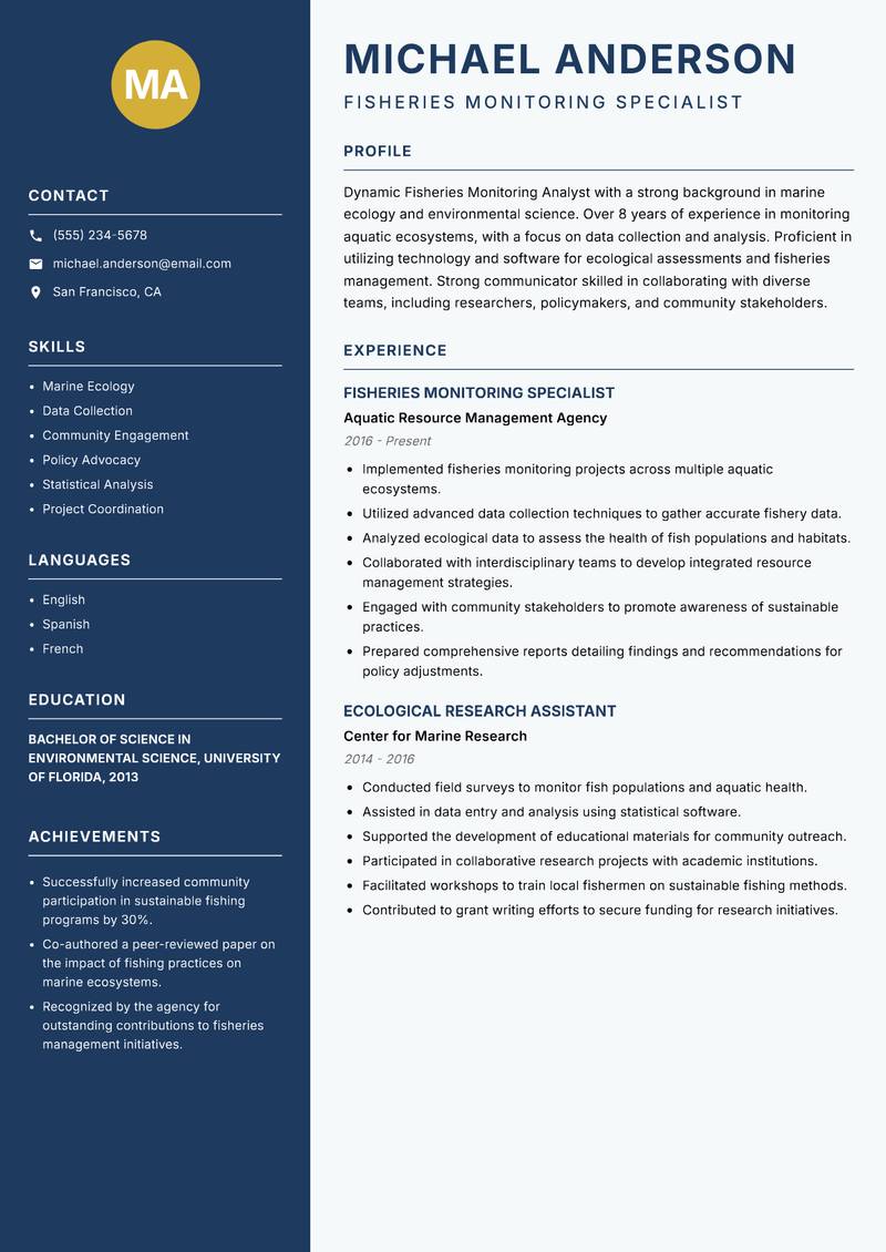 Fisheries Monitoring Analyst resume template — Classic Clean